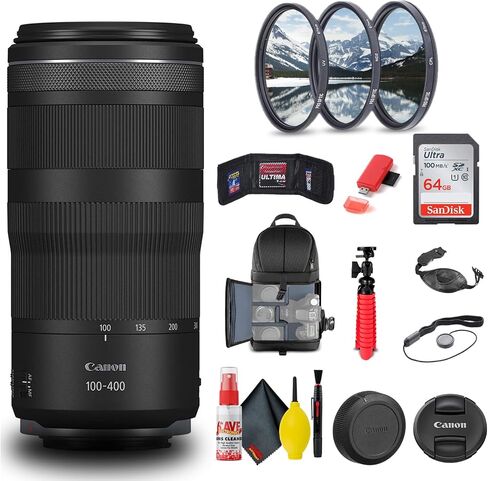 Canon RF 100-400mm f/5.6-8 is USM Lens (5050C002) + Filter Kit + Backpack + 64GB Card + Card Reader + Flex Tripod + Memory Wallet + Cap Keeper + Cleaning Kit + Hand Strap + More (Renewed) in Saudi Arabia