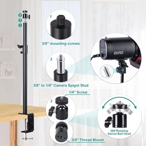 حامل مشبك C، حامل مشبك C مثبت على المكتب 1/4 بوصة رأس كروي قابل للدوران 360 درجة، حامل إضاءة قابل للتعديل 15.7 بوصة - 29.5 بوصة، مشبك C على الطاولة لكاميرا DSLR، ضوء حلقي، بث مباشر، صور فيديو in Kuwait