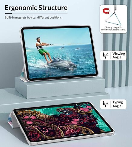 حافظة MoKo تناسب iPad Air الجيل الخامس/الرابع مقاس 10.9 بوصات 2022/2020، غطاء حامل ثلاثي الطي نحيف مع ظهر بلوري ناعم، تنبيه/غفو تلقائي، يدعم معرف اللمس وشحن قلم iPad الثاني، زهور عطرة in Kuwait