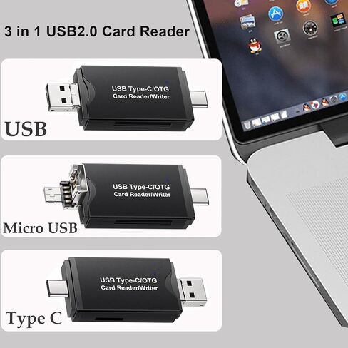 iJiGui قارئ بطاقات SD 3 في 1، قارئ بطاقات من النوع C ومنفذ Micro USB 2.0، قارئ بطاقات الذاكرة، قارئ بطاقات SD/Micro SD للكمبيوتر والهواتف الذكية والكمبيوتر اللوحي مع وظيفة OTG in Kuwait