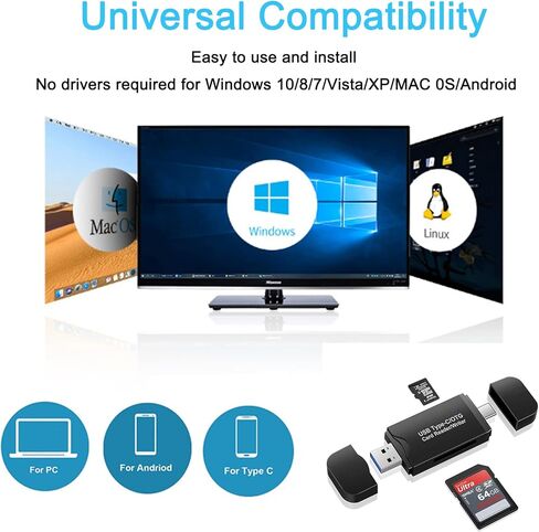 iJiGui قارئ بطاقات SD 3 في 1، قارئ بطاقات من النوع C ومنفذ Micro USB 2.0، قارئ بطاقات الذاكرة، قارئ بطاقات SD/Micro SD للكمبيوتر والهواتف الذكية والكمبيوتر اللوحي مع وظيفة OTG in Kuwait