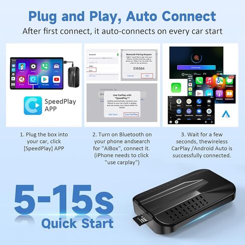 محول CarPlay اللاسلكي وAndroid التلقائي مع Netflix YouTube Google Play، 2023 ترقية Magic Box CarPlay Ai Box لسيارات CarPlay السلكية في المصنع، تحديث عبر الإنترنت، 5 جيجا هرتز WiFi، بطاقة TF، النسخ المتطابق in Kuwait