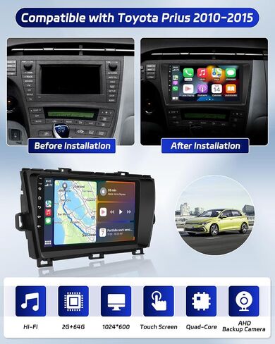 Roinvou 8 Cores 4+64G Android Radio Upgrade for Toyota Prius 2010-2015(LHD), 9'' HD Touchscreen with Wireless CarPlay Android Auto GPS Navigation WiFi Backup Camera Mirror Link Bluetooth RDS Mic in Kuwait
