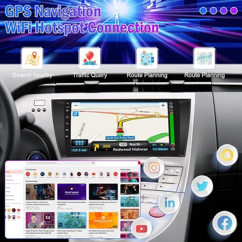 ستيريو سيارة Roinvou Android لسيارة Toyota Prius (LHD) 2010-2015، راديو سيارة CarPlay لاسلكي مدمج مع Android Auto، شاشة لمس 9 بوصات في لوحة القيادة GPS ودعم مرآة Link BT FM WiFi AHD رؤية خلفية in Kuwait