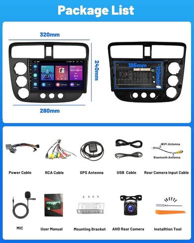 4G+64G Android 13 Car Stereo for 2001-2005 Honda Civic Radio, 9 Inch IPS Touch Screen Radio with Wireless Apple Carplay Android Auto, Bluetooth GPS WiFi 36EQ DSP FM RDS SWC+Mic, AHD Backup Cam in Kuwait