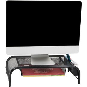 Mind Reader Monitor Stand, Ventilated Laptop Riser, Paper Tray, Storage, Office, Metal Mesh, 20"L x 11.5"W x 5.5"H, Black