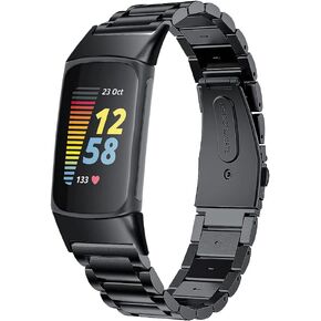 أحزمة متوافقة مع Fitbit Charge 6/Charge 5 حزام ساعة معدني من الفولاذ المقاوم للصدأ بديل كلاسيكي متين وصلة صلبة بإبزيم معدني حزام معصم للشحن 6/Charge 5 لتتبع صحة اللياقة البدنية
