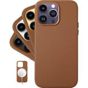 LONLI Classic - (لهاتف iPhone 14 Pro) - حافظة جلد نابا الأوروبية - تنعيم وتنعيم بمرور الوقت - متوافقة مع Magsafe - بني سادل