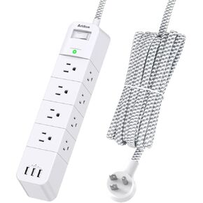 قطاع الطاقة الواقي من زيادة التيار - سلك تمديد بطول 10 أقدام مع 12 منفذًا (3 جوانب) و3 منافذ USB، شريط منفذ للحماية من الحمل الزائد، قابل للتركيب على الحائط للمنزل والمكتب والنوم in Kuwait