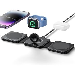 BEGTRO Nano 3 في 1 شاحن لاسلكي لهاتف iPhone، محطة شحن مغناطيسية قابلة للطي، شاحن سفر لأجهزة متعددة لسلسلة iPhone 15/14/13/12، AirPods Pro، iWatch (يتضمن كابل 3 أقدام) (أسود)