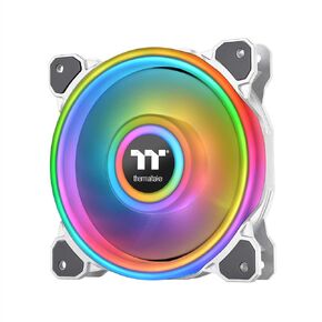 Thermaltake Riing Quad 120 مم 16.8 مليون لون RGB (Alexa، Razer Chroma) مُمكّن من 4 حلقات ضوئية 54 LED قابلة للتحكم، 9 شفرات، حافظة بيضاء/مروحة مشعاع، 3 عبوات، CL-F100-PL12SW-B in Kuwait