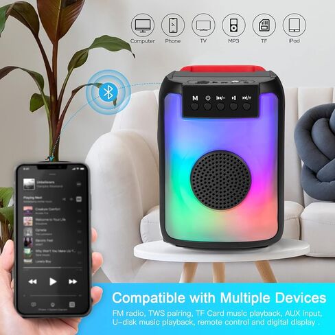 مكبر صوت بلوتوث CRLKSSJX، مكبر صوت مقاوم للماء IPX5 مع صوت عالي الدقة، وأضواء إيقاعية RGB متعددة الألوان، وقت تشغيل يصل إلى 8 ساعات، اقتران TWS، مكبرات صوت لاسلكية محمولة للمنزل، والحفلات، والخارج، والشاطئ in Kuwait