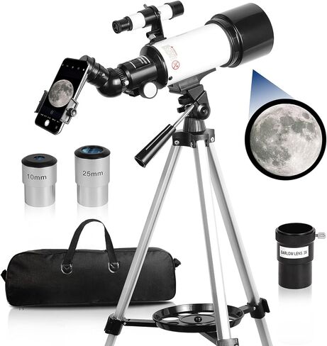 تلسكوبات للبالغين، فتحة 70 ملم 400 ملم، حامل AZ، تلسكوب للاطفال المبتدئين، بصريات متعددة الطبقات بالكامل، تلسكوب انكساري لعلم الفلك محمول مع حامل ثلاثي القوائم ومحول هاتف وشنطة ظهر in Kuwait