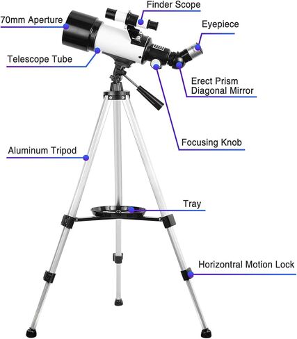 تلسكوبات للبالغين، فتحة 70 ملم 400 ملم، حامل AZ، تلسكوب للاطفال المبتدئين، بصريات متعددة الطبقات بالكامل، تلسكوب انكساري لعلم الفلك محمول مع حامل ثلاثي القوائم ومحول هاتف وشنطة ظهر in Kuwait