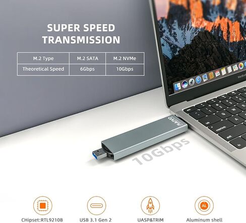 مايوو قارئ M.2 NVME/SATA SSD بمنفذ USB 3.0 ونوع C، ذاكرة مستديمة 10GBps، ساتا 6GBps، يدعم مفتاح M/B&M، هيكل من الالومنيوم، بدون ادوات، يدعم UASP، مقاس 2230/2242/2260/2280 in Kuwait
