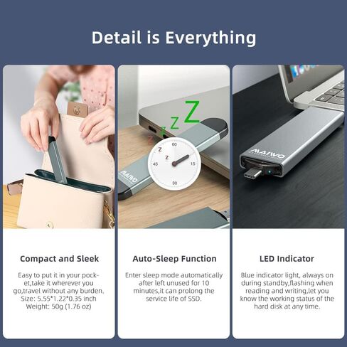 مايوو قارئ M.2 NVME/SATA SSD بمنفذ USB 3.0 ونوع C، ذاكرة مستديمة 10GBps، ساتا 6GBps، يدعم مفتاح M/B&M، هيكل من الالومنيوم، بدون ادوات، يدعم UASP، مقاس 2230/2242/2260/2280 in Kuwait