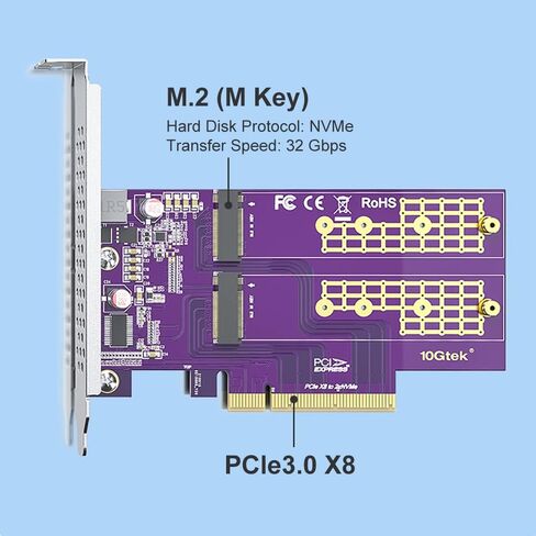 10Gtek 2-Port M.2 NVMe محول M-Key، PCIe X8 Gen3. يتطلب دعم BIOS للوحة الأم من أجل التشعب in Kuwait