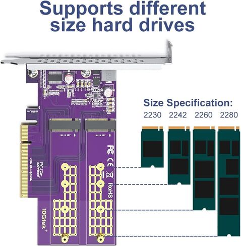 10Gtek 2-Port M.2 NVMe محول M-Key، PCIe X8 Gen3. يتطلب دعم BIOS للوحة الأم من أجل التشعب in Kuwait