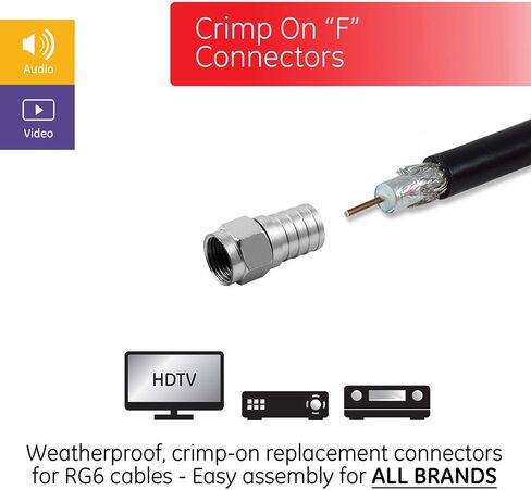 موصلات GE RG6 Crimp-On F-Type، عبوتان، استبدال الموصلات المكسورة وتجميع كابلات RG6، مقاومة للطقس، 35050 in Saudi Arabia
