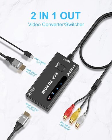 RCA to HDMI Converter, AV to HDMI Converter Adapter 2 in 1 Out(1 RCA and 1 hdmi in) HDMI Out with HDMI Cable Support 4K@60Hz 3D 1080P for VHS VCR Xbox PS5 Roku Blue-Ray DVD Players in Kuwait