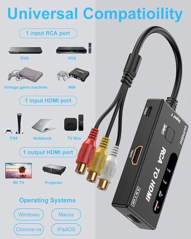 RCA to HDMI Converter, AV to HDMI Converter Adapter 2 in 1 Out(1 RCA and 1 hdmi in) HDMI Out with HDMI Cable Support 4K@60Hz 3D 1080P for VHS VCR Xbox PS5 Roku Blue-Ray DVD Players in Kuwait