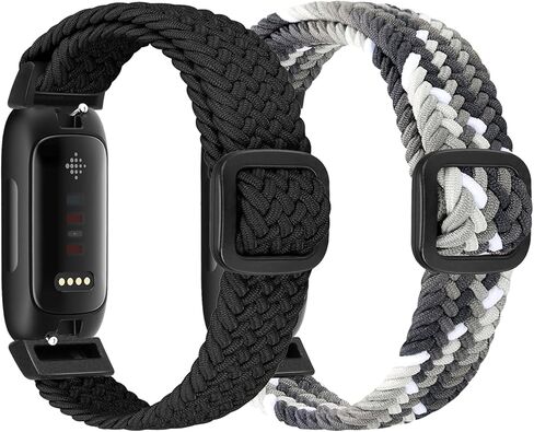 أشرطة FTYQUEE مضفرة وقابلة للتعديل متوافقة مع Fitbit Inspire 3/Inspire 2/Inspire HR/Inspire/Ace 3/Ace 2 للنساء والرجال، أساور معصم رياضية من قماش النايلون المرن لـ Fitbit Inspire 3/2 (أسود + أسود أبيض) in Kuwait