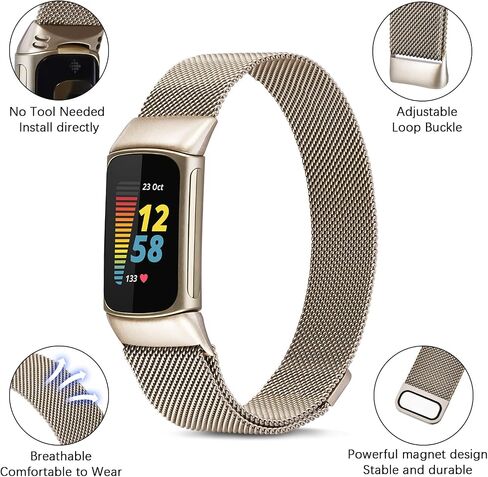 KOREDA متوافق مع Fitbit Charge 5 Bands للنساء والرجال، حلقة شبكية من الفولاذ المقاوم للصدأ قابلة للتعديل بديلة لسوار المعصم المغناطيسي Fitbit Charge 5 المتطور للياقة البدنية والصحة (ذهبي شامبين) in Kuwait