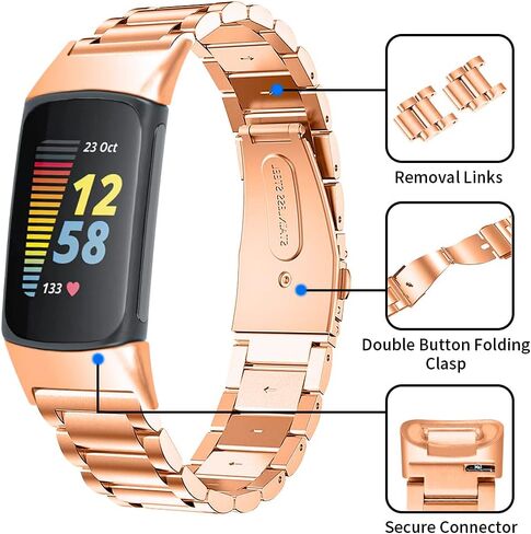 Bands Compatible with Fitbit Charge 6/Charge 5 Metal Stainless Steel WatchBand-Replacement Classic Durable Solid Link Accessory Buckle Metal Strap Wrist Band for Charge 6/Charge 5 Fitness Health Tracker in Saudi Arabia