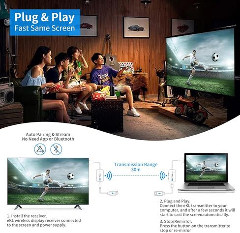 موسع HDMI اللاسلكي eKL 1080P@60 هرتز 98 قدمًا/30 مترًا يدعم 5 جيجا هرتز لبث صوت الفيديو من الكمبيوتر المحمول والكاميرا وصندوق الكابل وNetflix وPS5 إلى جهاز العرض وتوصيل HDTV وتشغيل بدون سائق in Kuwait