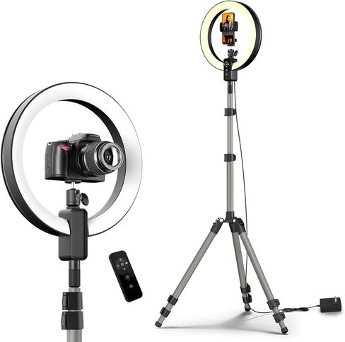 SupeDesk حامل ثلاثي للهاتف مزود بإضاءة حلقية مقاس 12 بوصة، لكاميرا الهاتف/DSLR مقاس 3.5 ~ 6.7 بوصة، 1700 لوكس، 3 ألوان 5 سطوع، جهاز تحكم عن بعد لاسلكي، منفذ شحن الهاتف، قابل للتعديل، بث مباشر، Tiktok، YouTube in Kuwait