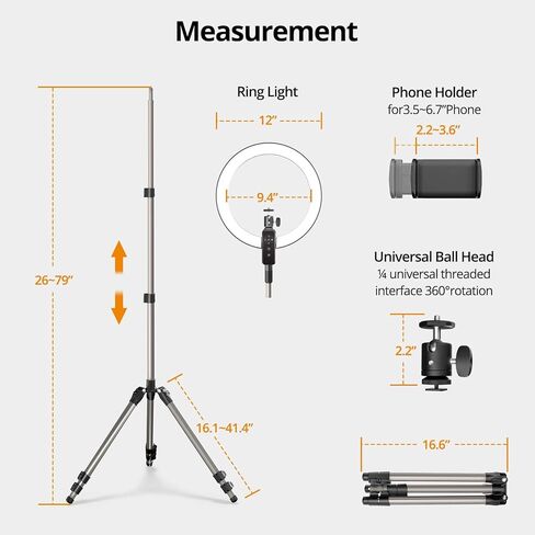 SupeDesk حامل ثلاثي للهاتف مزود بإضاءة حلقية مقاس 12 بوصة، لكاميرا الهاتف/DSLR مقاس 3.5 ~ 6.7 بوصة، 1700 لوكس، 3 ألوان 5 سطوع، جهاز تحكم عن بعد لاسلكي، منفذ شحن الهاتف، قابل للتعديل، بث مباشر، Tiktok، YouTube in Kuwait