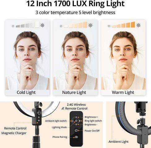 SupeDesk حامل ثلاثي للهاتف مزود بإضاءة حلقية مقاس 12 بوصة، لكاميرا الهاتف/DSLR مقاس 3.5 ~ 6.7 بوصة، 1700 لوكس، 3 ألوان 5 سطوع، جهاز تحكم عن بعد لاسلكي، منفذ شحن الهاتف، قابل للتعديل، بث مباشر، Tiktok، YouTube in Kuwait