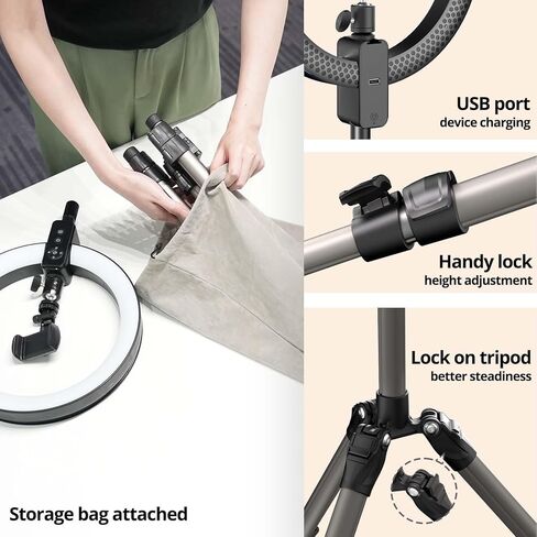 SupeDesk حامل ثلاثي للهاتف مزود بإضاءة حلقية مقاس 12 بوصة، لكاميرا الهاتف/DSLR مقاس 3.5 ~ 6.7 بوصة، 1700 لوكس، 3 ألوان 5 سطوع، جهاز تحكم عن بعد لاسلكي، منفذ شحن الهاتف، قابل للتعديل، بث مباشر، Tiktok، YouTube in Kuwait