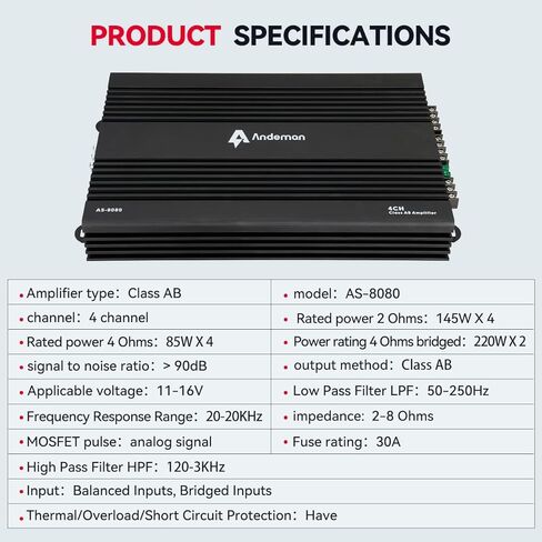 مكبرات صوت 4 قنوات من الفئة A/B من انديمان، 4 قنوات × 145 واط، مدخلات متوازنة ومدخلات مجسرة ومدخلات منخفضة المستوى ومستوى عالي، 2/4 اوم ثابت مثالي للاستخدام في السيارة in Kuwait