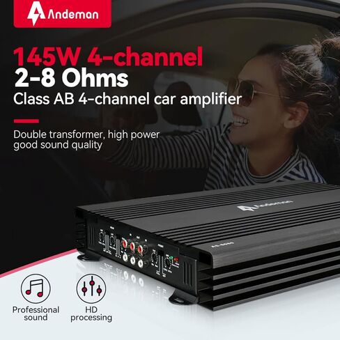 مكبرات صوت 4 قنوات من الفئة A/B من انديمان، 4 قنوات × 145 واط، مدخلات متوازنة ومدخلات مجسرة ومدخلات منخفضة المستوى ومستوى عالي، 2/4 اوم ثابت مثالي للاستخدام في السيارة in Kuwait