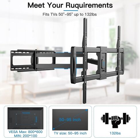 حامل جدار تلفزيون بذراع طويل من PERLESMITH لأجهزة تلفزيون مقاس 50-95 بوصة، حامل تلفزيون طويل بطول 47.64 بوصة، دوران إمالة دوار، حامل تلفزيون بزاوية الحركة الكاملة يناسب Max VESA 800x400 مم، تحميل 132 رطل، 16 بوصة، 18 بوصة، 24 بوصة in Kuwait
