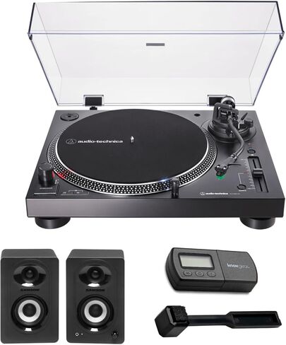 Audio Technica AT-LP120XBT-USB Bluetooth Wireless Direct-Drive USB Turntable Bundle with Bluetooth Monitor Speakers, Turntable Stylus Scale, and Cleaning Brush (4 Items) in Kuwait
