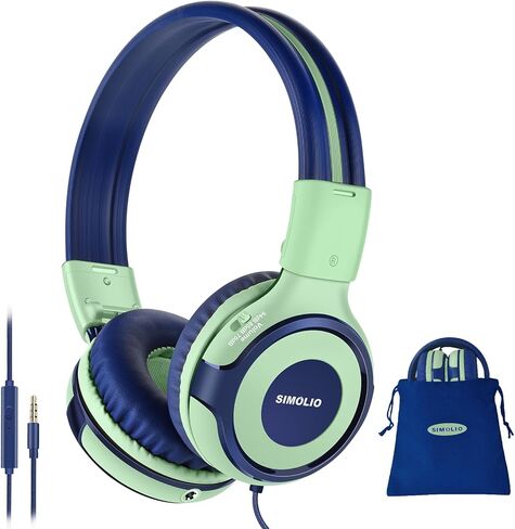SIMOLIO Manyshare Series- Wired Kids Headphones with Microphone for School, 75/85/94 dB Volume Limit for Girls Tablet iPad PC, Corded Pink Headsets w/Share Port & Carry Bag for Travel Airplane Gaming in Kuwait
