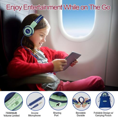 SIMOLIO Manyshare Series- Wired Kids Headphones with Microphone for School, 75/85/94 dB Volume Limit for Girls Tablet iPad PC, Corded Pink Headsets w/Share Port & Carry Bag for Travel Airplane Gaming in Kuwait