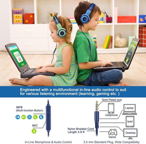 SIMOLIO Manyshare Series- Wired Kids Headphones with Microphone for School, 75/85/94 dB Volume Limit for Girls Tablet iPad PC, Corded Pink Headsets w/Share Port & Carry Bag for Travel Airplane Gaming in Kuwait