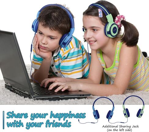 SIMOLIO Manyshare Series- Wired Kids Headphones with Microphone for School, 75/85/94 dB Volume Limit for Girls Tablet iPad PC, Corded Pink Headsets w/Share Port & Carry Bag for Travel Airplane Gaming in Kuwait