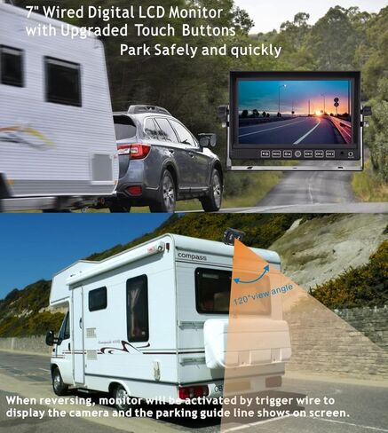 مجموعة نظام كاميرا احتياطية سلكية للرؤية الخلفية مقاس 7 بوصات مع صوت وخطوط وقوف السيارات ومعدل مقاومة للماء IP69K كاميرا تعمل بالأشعة تحت الحمراء للجرار/المنزل المتنقل/البلدوزر/محراث الثلج/الشاحنة/المعدات الثقيلة/رافعة شوكية/جرافة انزلاقية in Kuwait