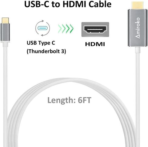 كابل Amiroko USB C إلى HDMI بطول 6 أقدام، USB 3.1 النوع C (متوافق مع Thunderbolt 3) إلى كابل محول HDMI 4K لأجهزة MacBook وMacBook Pro وDell XPS 13/15 وGalaxy S8/Note 8 وما إلى ذلك إلى HDTV والشاشة وجهاز العرض - رمادي in Kuwait