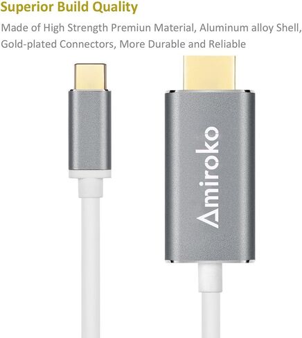 كابل Amiroko USB C إلى HDMI بطول 6 أقدام، USB 3.1 النوع C (متوافق مع Thunderbolt 3) إلى كابل محول HDMI 4K لأجهزة MacBook وMacBook Pro وDell XPS 13/15 وGalaxy S8/Note 8 وما إلى ذلك إلى HDTV والشاشة وجهاز العرض - رمادي in Kuwait