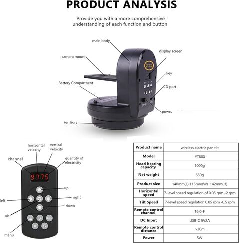 ZTIANFOTO YT-800 رأس بانورامي دوار بمحرك تلقائي مع جهاز تحكم عن بعد 328FT مسافة التحكم عن بعد عموم إمالة فيديو ترايبود مثبت الرأس لكاميرات الهواتف الذكية وكاميرا بدون مرآة in Kuwait