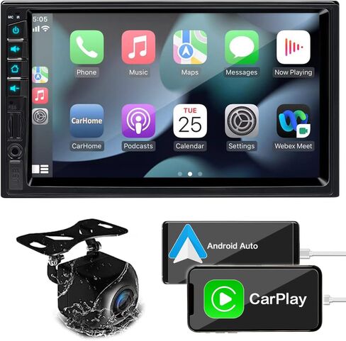 Newest Upgrade 7 inch Double Din Car Stereo for Carplay & Android Auto with Voice Control,Bluetooth5.2 MirrorLink, Car Radio with Waterproof Backup Camera,Subwoofer,Touch Screen SWC/USB/SD AM/FM/AUX in Kuwait