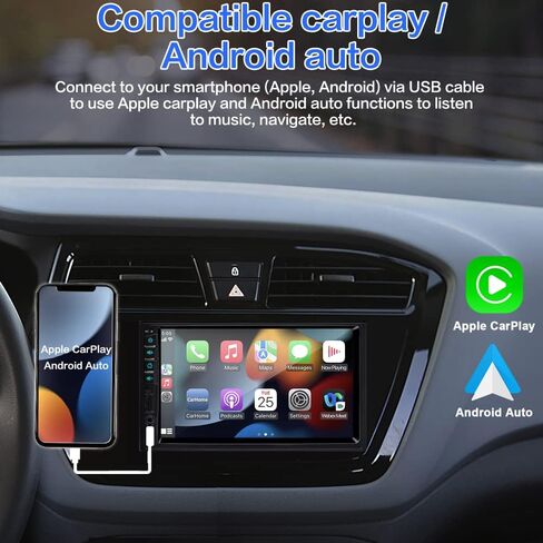 Newest Upgrade 7 inch Double Din Car Stereo for Carplay & Android Auto with Voice Control,Bluetooth5.2 MirrorLink, Car Radio with Waterproof Backup Camera,Subwoofer,Touch Screen SWC/USB/SD AM/FM/AUX in Kuwait