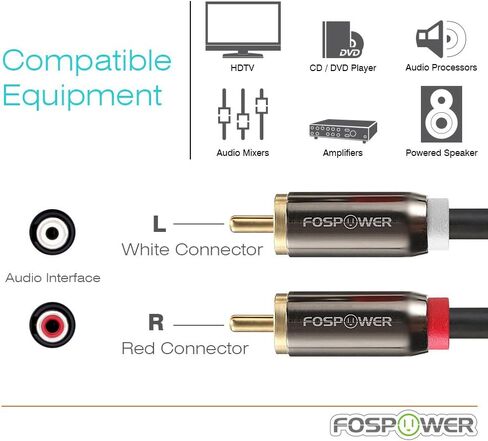 FosPower RCA Y-Adapter (3 أقدام)، 1 RCA Male إلى 2 RCA Male Short Y Splitter Digital Audio Cable لمضخم الصوت، المسرح المنزلي، Hi-Fi - مزدوج الحماية | مطلية بالذهب عيار 24 قيراط in Kuwait