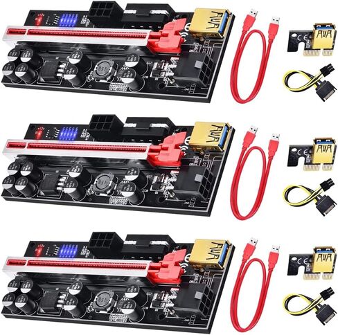 [2022 Newest Version] PCI-E Riser 1X to 16X Graphics Extension Cable for Bitcoin Litecoin ETH Coin Mining, 8 Solid Capacitors, 2X 6PIN and Molex 3 Power Options, 60cm USB 3.0 Cable(VER 010S, 3 Pack) in Kuwait