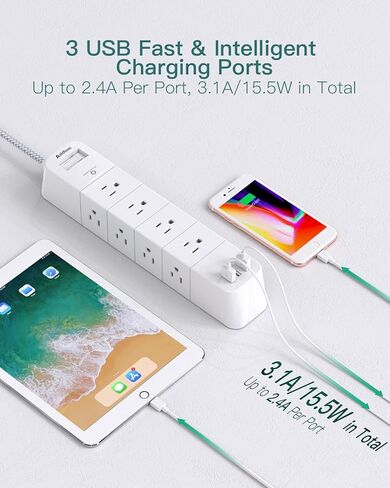 قطاع الطاقة الواقي من زيادة التيار - سلك تمديد بطول 10 أقدام مع 12 منفذًا (3 جوانب) و3 منافذ USB، شريط منفذ للحماية من الحمل الزائد، قابل للتركيب على الحائط للمنزل والمكتب والنوم in Kuwait